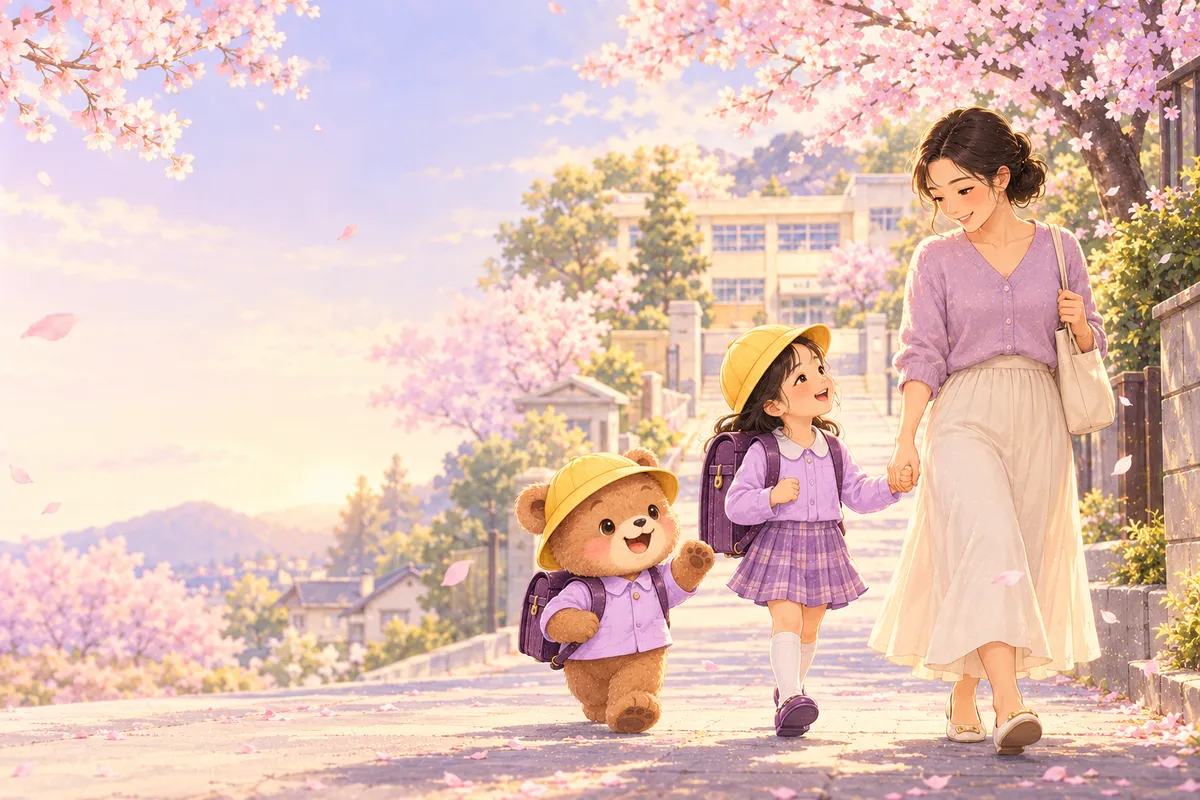 Mẹ dắt con đi học dưới hàng hoa anh đào, có chú gấu đi cùng
